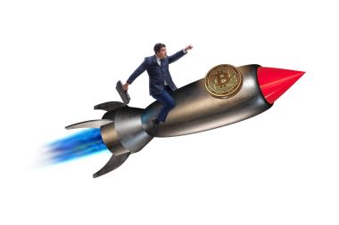 Bitcoin fiyatında roketle uçan işadamı yükselen konsept