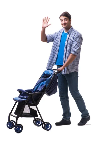Junger Vater mit Kinderwagen isoliert auf weißem Grund — Stockfoto