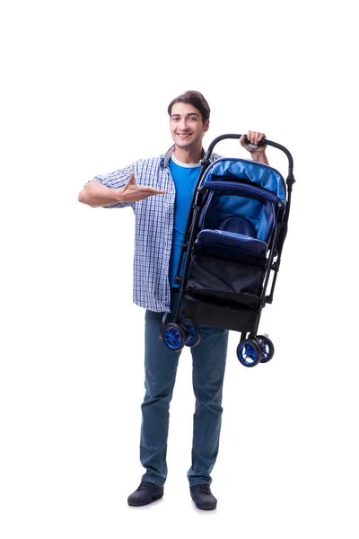 Jovem pai com carrinho de bebê isolado em branco — Fotografia de Stock