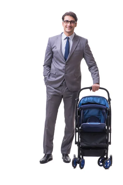 Ung affärsman ammande barn i barnvagn isolerad på vitt — Stockfoto