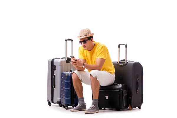 Heureux jeune homme qui part en vacances d'été isolé sur blanc — Photo