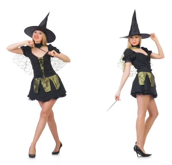 Krásná čarodějka v černých šatech izolovaných na bílém — Stock fotografie