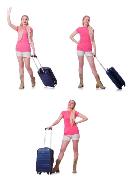 Jonge vrouw met koffer klaar voor strandvakantie — Stockfoto