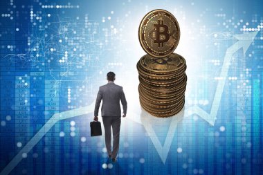 Cryptocurrency blockchai bitcoins doğru yürürken işadamı