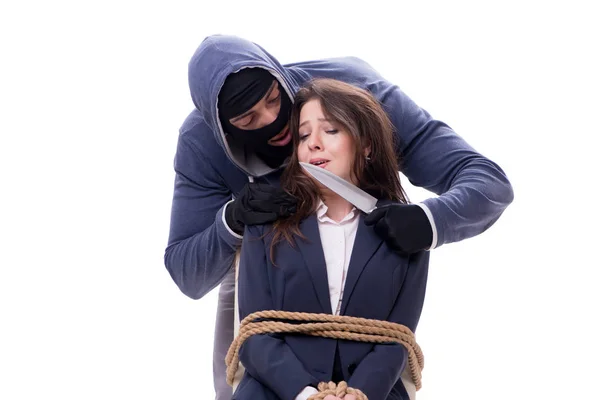 Knifeman threatening tied woman — Stock Photo, Image