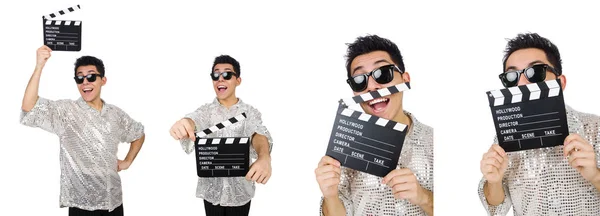 Homem com filme clapperboard isolado em branco — Fotografia de Stock