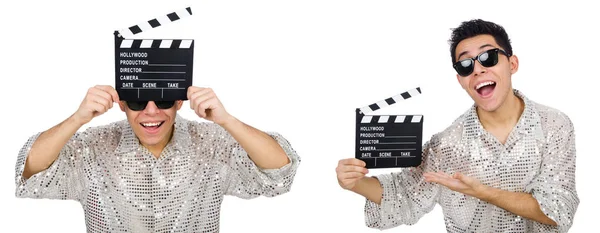 Uomo con clapperboard film isolato su bianco — Foto Stock