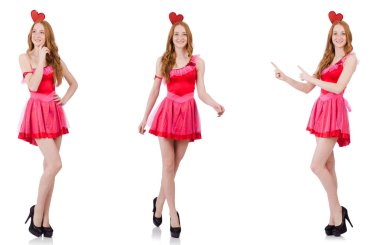 Mini pembe elbiseli, beyaz tenli güzel bir manken.