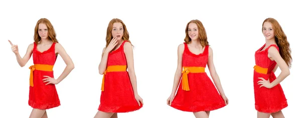 Όμορφη νεαρή κοπέλα με κόκκινο φόρεμα απομονωμένη σε λευκό — Φωτογραφία Αρχείου