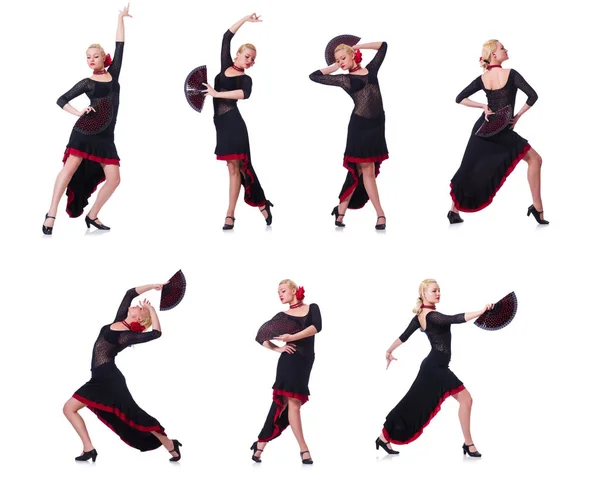 Frau tanzt spanischen Tanz isoliert auf weiß — Stockfoto