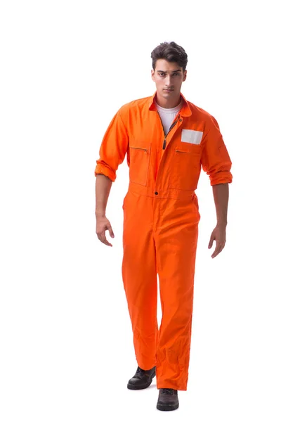 Prisionero en bata naranja aislado sobre fondo blanco — Foto de Stock