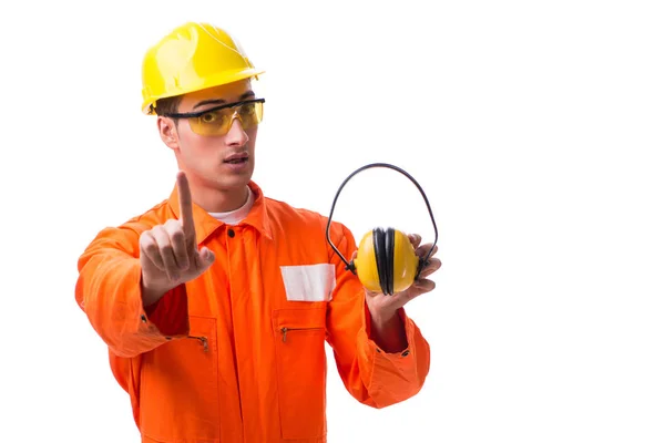 Construction worker with noise cancelling earphones — Stock Photo, Image