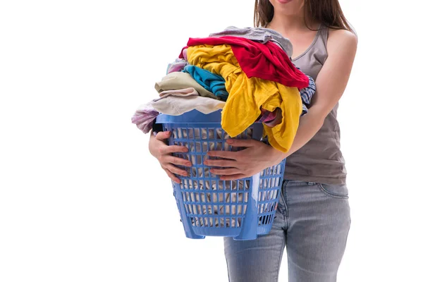 Mujer con cesta de ropa para lavandería —  Fotos de Stock