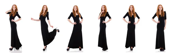Redhead in black dress isolated on white — Stock Photo, Image
