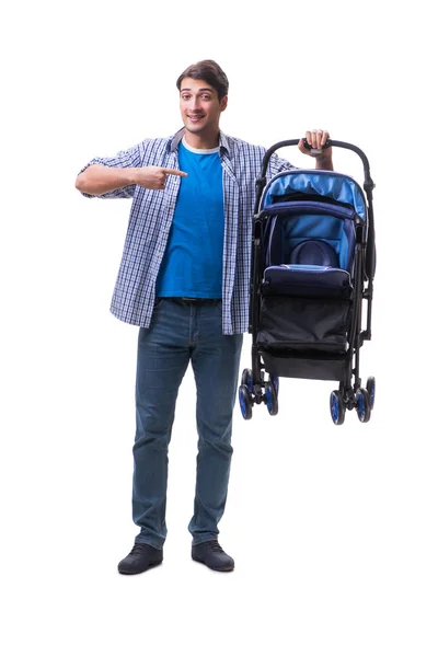 Papá joven con cochecito de niño aislado en blanco — Foto de Stock