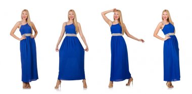 Uzun mavi elbiseli güzel kadın, beyaz tenli.