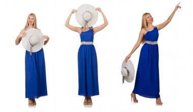 Uzun mavi elbiseli güzel kadın, beyaz tenli.