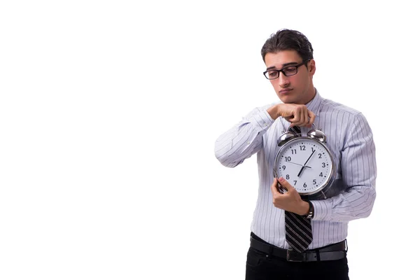 Jovem empresário no conceito de gestão de tempo em fundo branco — Fotografia de Stock