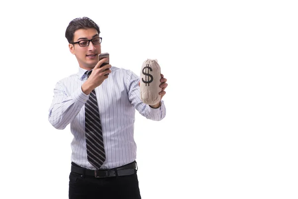 Jovem empresário com saco de dinheiro isolado no fundo branco — Fotografia de Stock