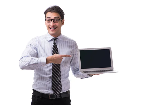 Jovem empresário com laptop isolado no fundo branco — Fotografia de Stock