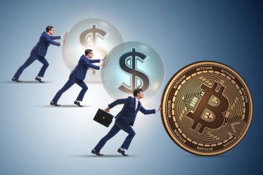 İşadamı, kripto para zinciri konseptinde bitcoin basıyor