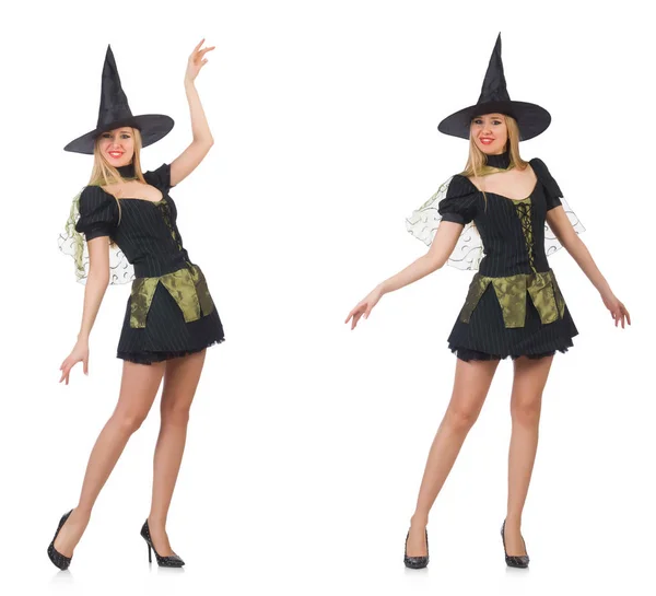 Beautiful witch in black dress isolated on white — Stock Photo, Image