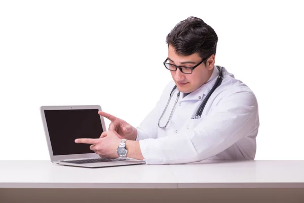 Médico en telemediina concepto de mhealth en blanco — Foto de Stock