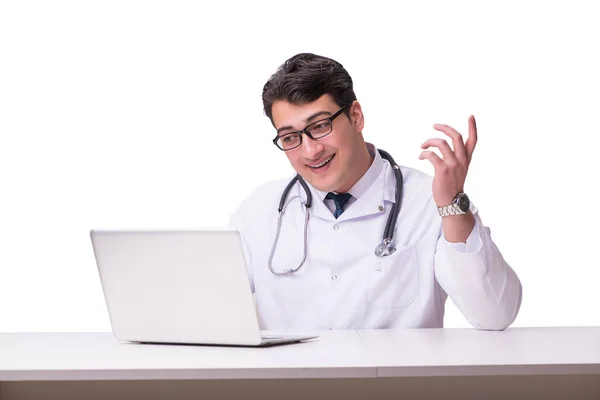 Doctor in telemediine m health concept op wit Rechtenvrije Stockfoto's