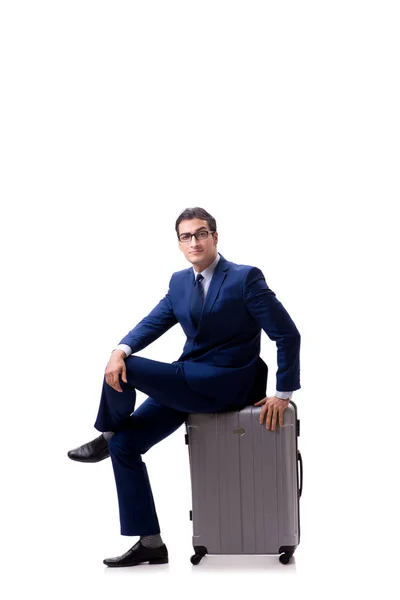 Joven empresario con maleta aislada sobre fondo blanco — Foto de Stock