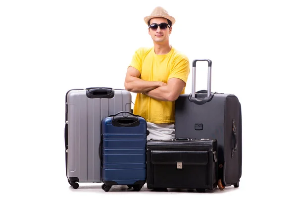 Feliz joven que va de vacaciones de verano aislado en blanco — Foto de Stock