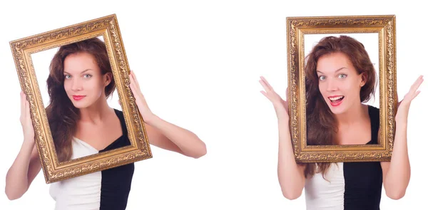 Woman with picture frame on white — Stock Photo, Image