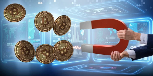 Forretningsmann som driver gruvedrift etter bitcoins med hesteskomagnet – stockfoto