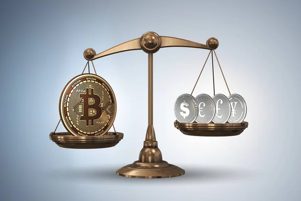 Wagi z bitcoinami i innymi walutami - renderowanie 3d — Zdjęcie stockowe