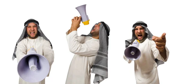 Arab man with loudspeaker isolated on white — Stock Photo, Image