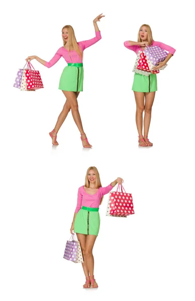 Donna con shopping bags isolata su bianco — Foto Stock