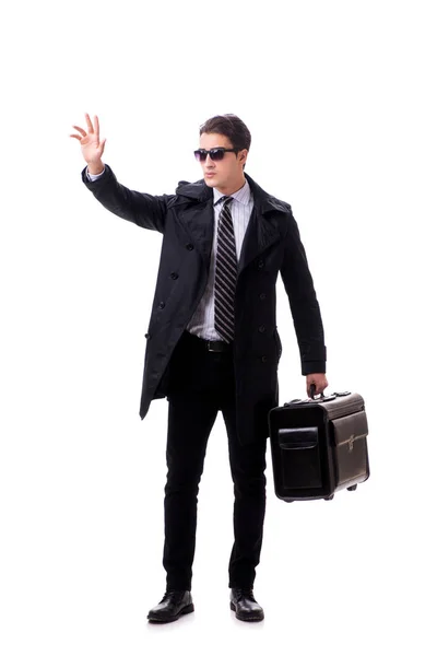 Joven hombre de negocios con maleta listo para viaje de negocios en blanco — Foto de Stock