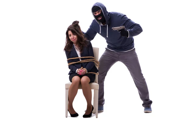 Kidnapper with tied woman isolated on white — Stock Photo, Image