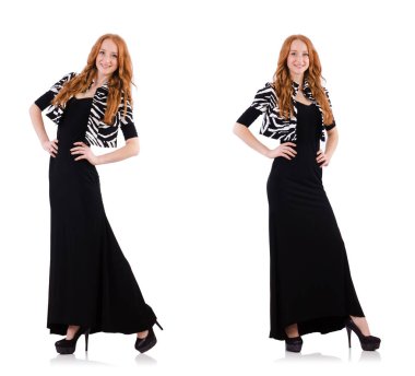 siyah elbise üzerine beyaz izole redhead