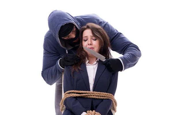 Knifeman threatening tied woman — Stock Photo, Image