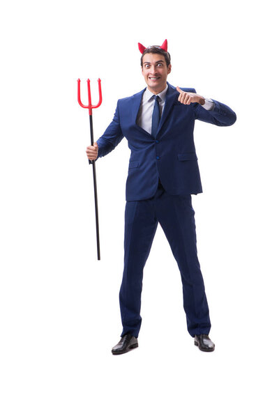 Evil devil businessman with pitchfork isolated on white backgrou