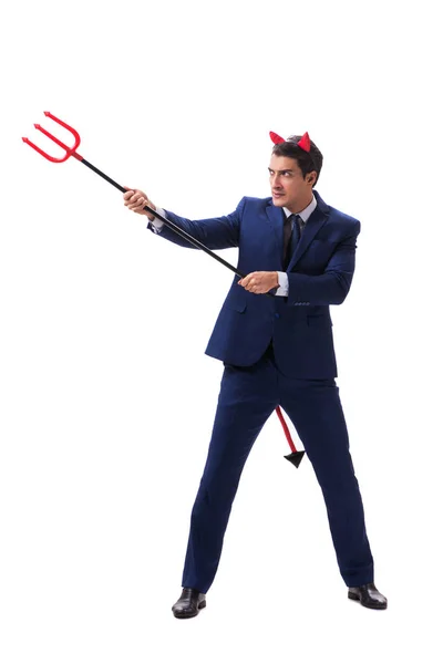 Evil devil businessman with pitchfork isolated on white backgrou — Stock Photo, Image