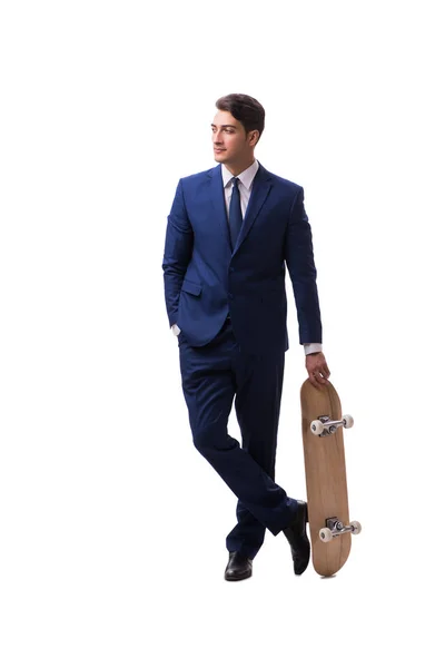 Empresário com skate isolado sobre fundo branco — Fotografia de Stock
