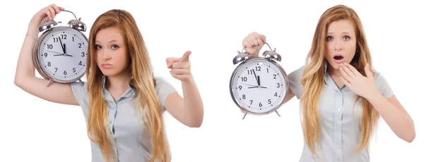 Young woman with clock on white — Stock Photo, Image