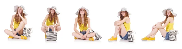 Jovem com panamá e bolsa em conceitos de moda isolados — Fotografia de Stock