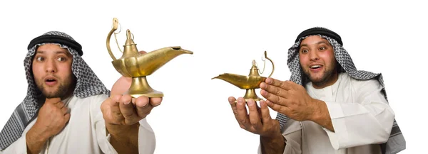 Homme arabe avec lampe isolé sur blanc — Photo