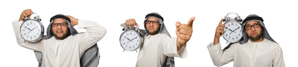 Uomo arabo con orologio isolato su bianco — Foto Stock