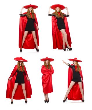 Kırmızı elbiseli Meksikalı kadın beyaz üzerine