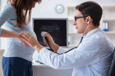 Hamile kadın düzenli kontrol için doktoru ziyaret ediyor.