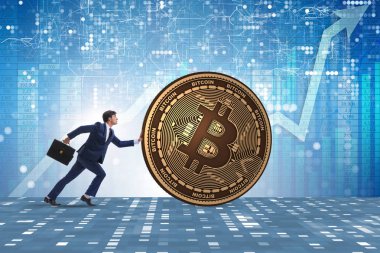 İşadamı, kripto para zinciri konseptinde bitcoin basıyor