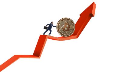 İşadamı, kripto para zinciri konseptinde bitcoin basıyor